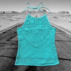 Vintage 90s Y2K Energie Aqua Blue Crochet Halter Top Beach Clubbing Cami Tank M